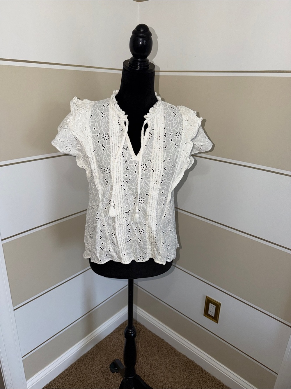 Olivaceous White Eyelet Lace Peasant Blouse